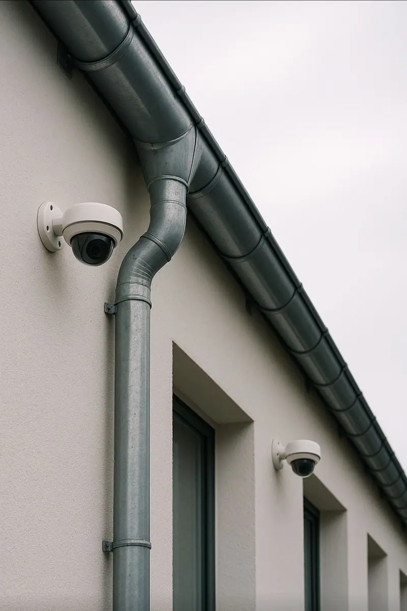 Two dome security cameras mounted beside a gutter downspout on a stucco wall