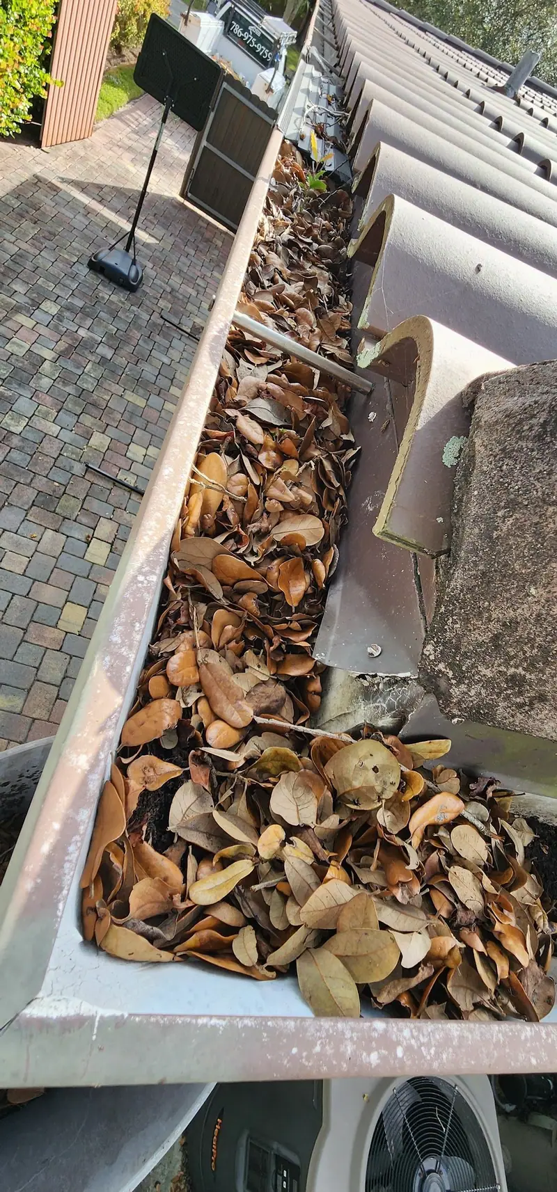 A gutter packed with dry leaves before cleaning
